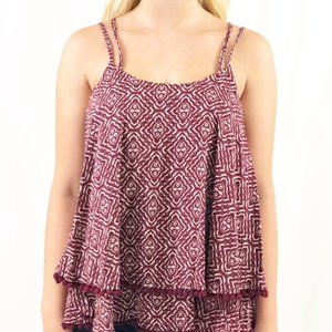 Joy Joy Strappy Geo Tank in Maroon with Pom-Pom Detail - Size Extra Small